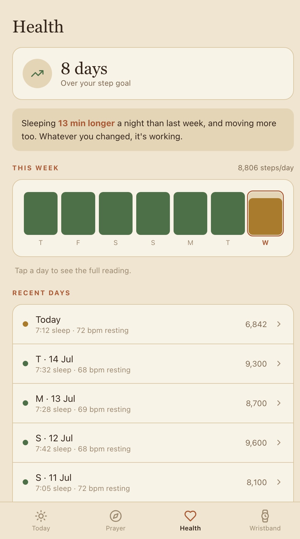Najdsoul app Health tab — weekly step trend, sleep and resting heart rate, kept on your phone.