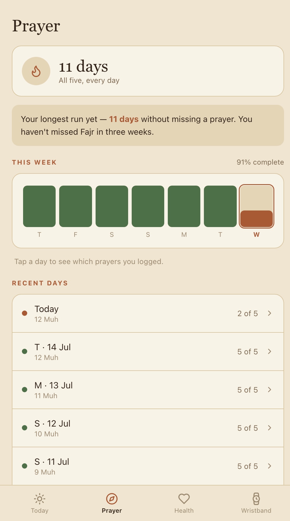 Najdsoul app Prayer tab — an 11-day streak, this week's completion, and a gentle prayer log.