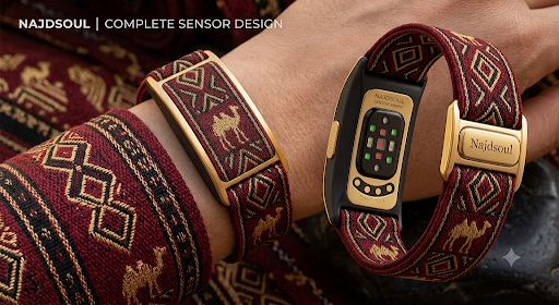 Najdsoul screenless wristband — complete sensor design, shown on the wrist in warm Najd-tan tones.