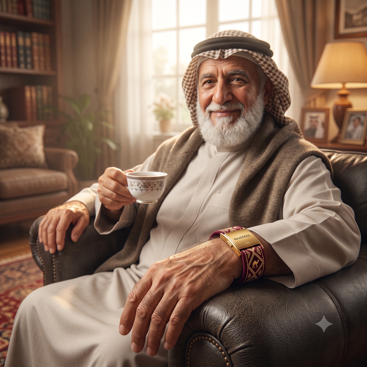 A dignified elder at home with a cup of tea, at ease, wearing the Najdsoul wristband.