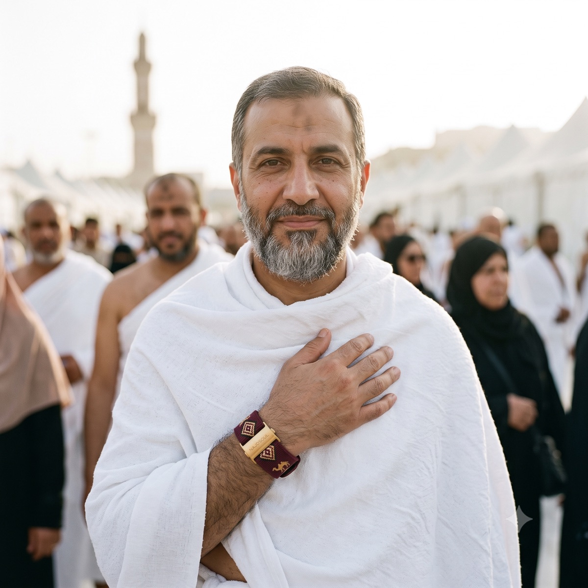 A serene pilgrim in white ihram, calm amid the crowd, wearing the Najdsoul wristband.