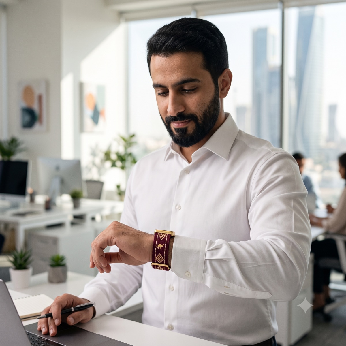 A professional in a modern office discreetly feeling a prayer-time tap on the Najdsoul wristband.