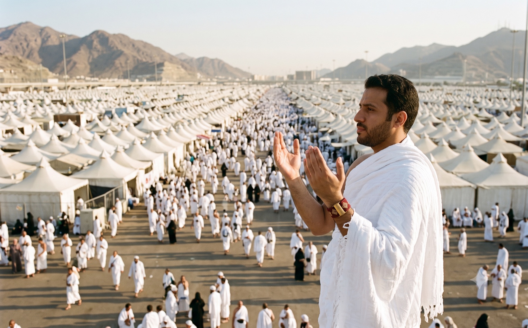A vast, hopeful Hajj scene at Mina — a pilgrim raising his hands, wearing the Najdsoul wristband, among thousands.