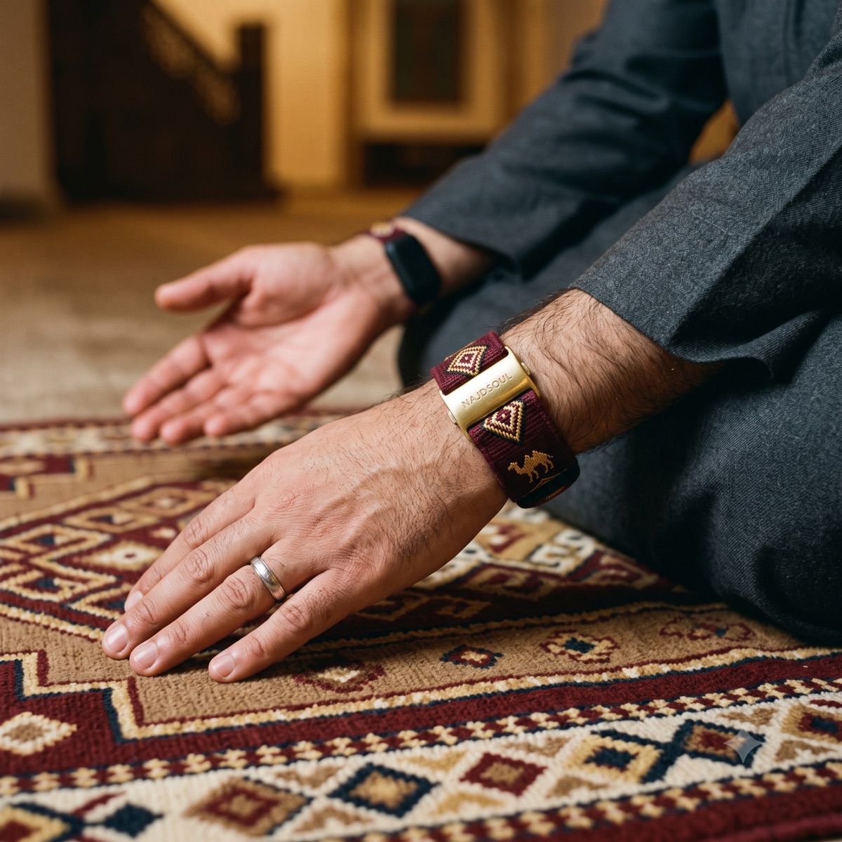Hands at rest on a prayer mat during salah, the Najdsoul wristband giving a gentle tap — no glowing screen.
